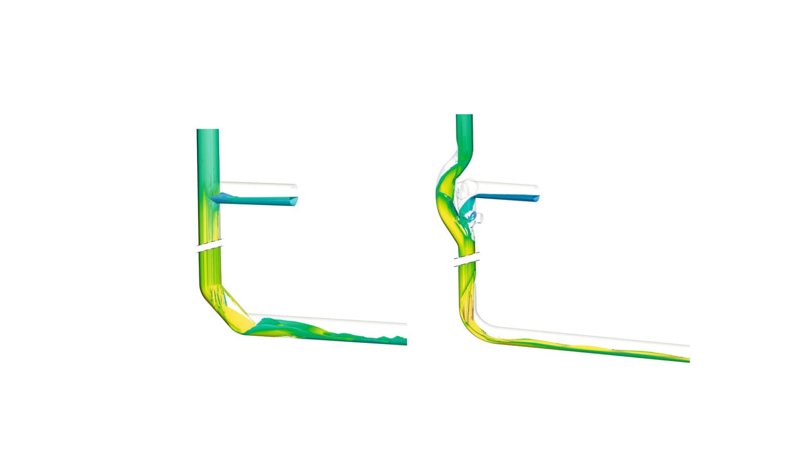 Retningsendring med to Geberit Silent-db20 160 mm 45° bend, som vist til venstre, får vannet i røret til å virvle, noe som bidrar til å redusere støynivået. Retningsendring med to Geberit Silent-db20 160 mm 45° bend, som vist til venstre, får vannet i røret til å virvle, noe som bidrar til å redusere støynivået.