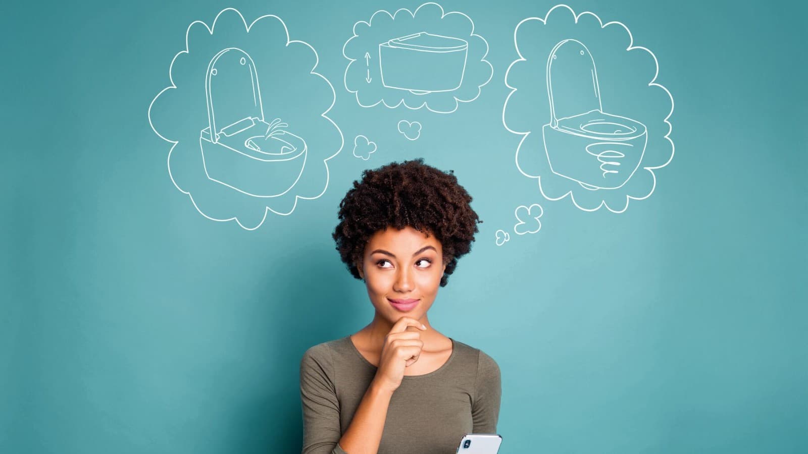 Kvinne tenker på drømmetoalettet sitt Kvinne tenker på drømmetoalettet sitt